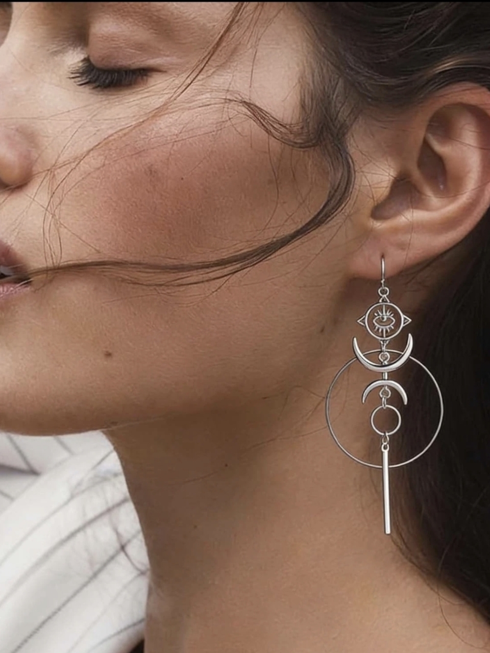 Dolls Kill Silver Celestial Multi-Hoop Evil Eye Dangle Earrings